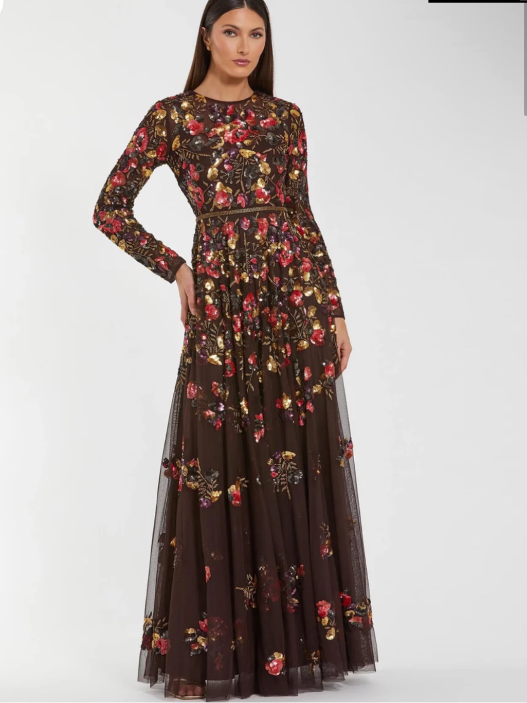 Nwt Mac Duggal Floral Beaded 94275 Embellished Brown Maxi Gown 12